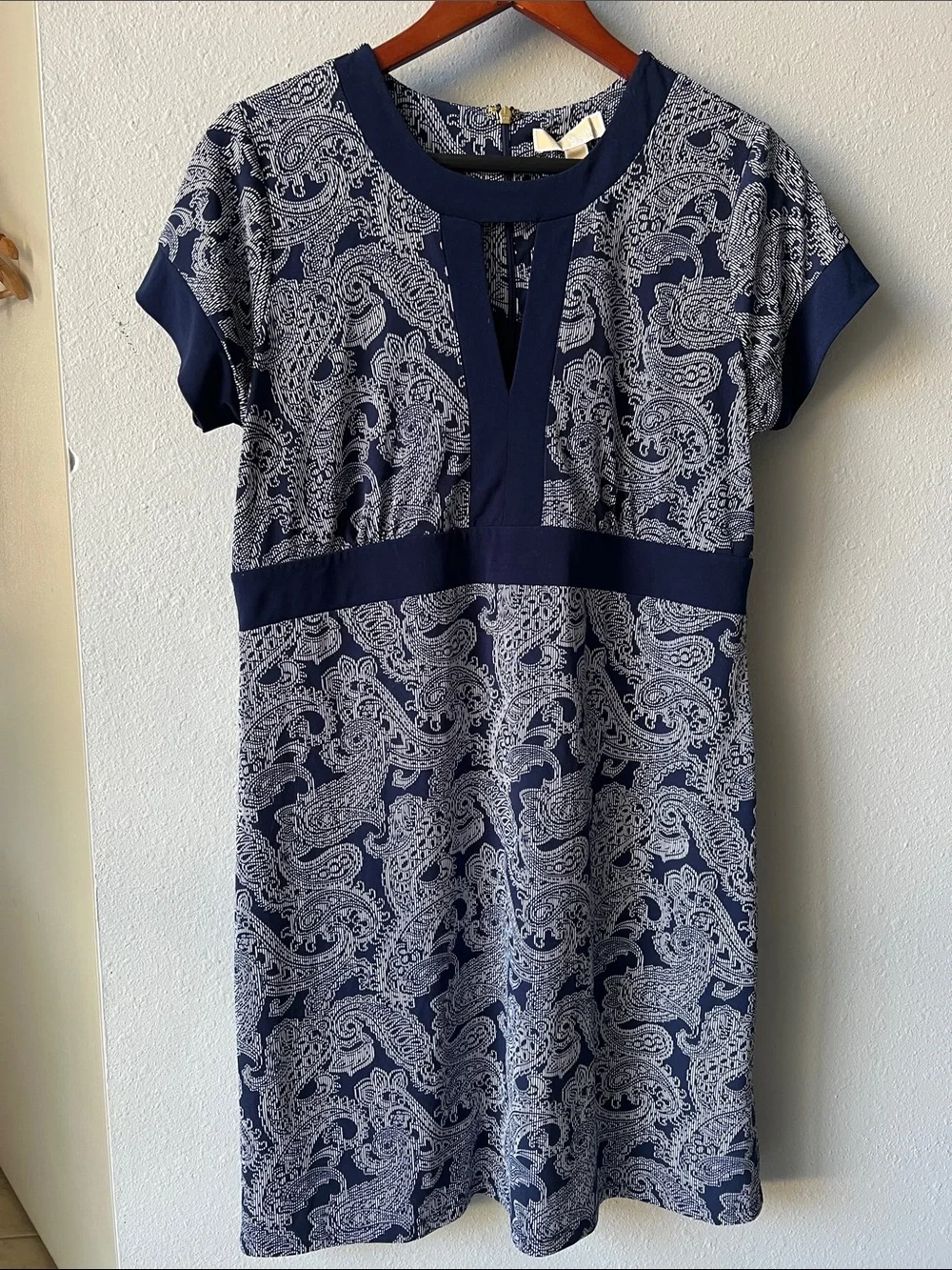 Michael Kors Navy and White Paisley Short Sleeve Dress